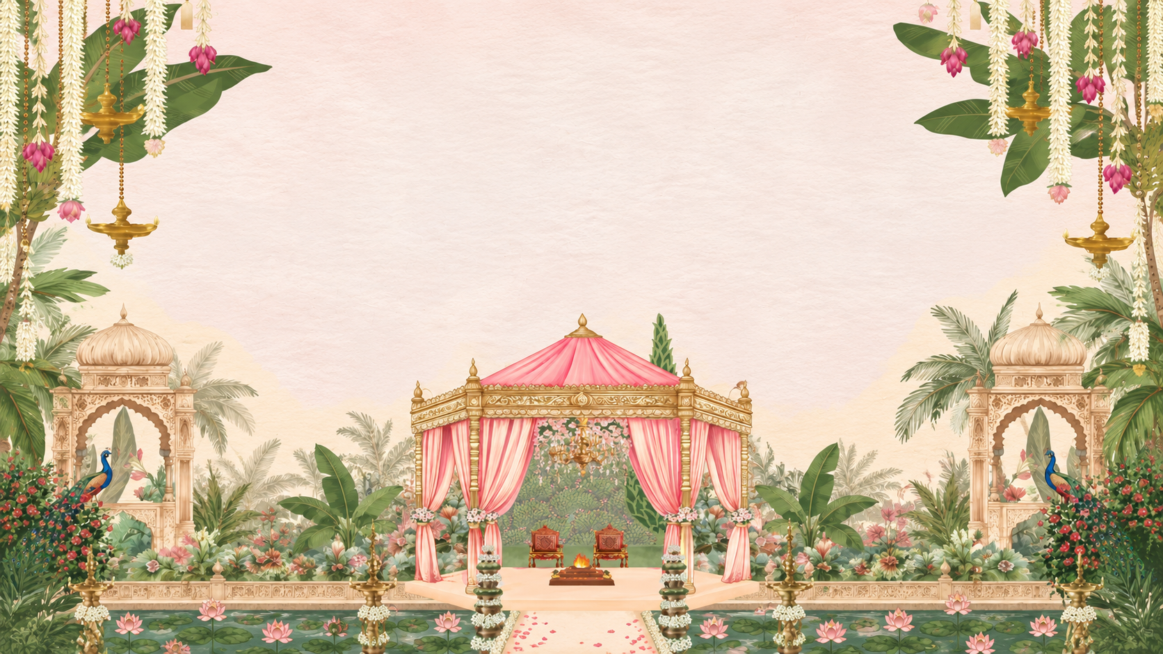 Maroon and gold mandap lit by candles at dusk