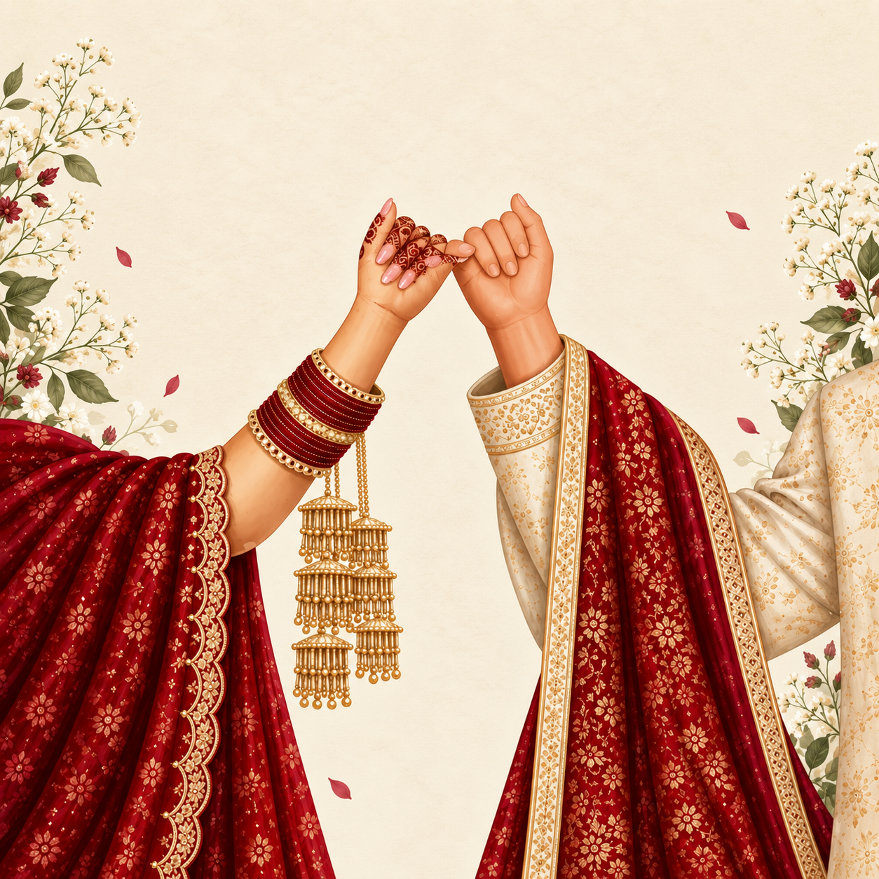 Illustration of the bride and groom's joined hands